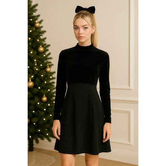 Y2K Black Velvet Babydoll Mock Neck Midi Dress Preppy Old Money Holiday Evening - Picture 1 of 6
